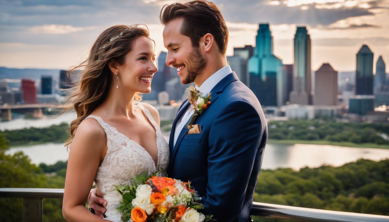 A newlywed couple smiling with Austin skyline in the background. A newlywed couple smiling with Austin skyline in the background.