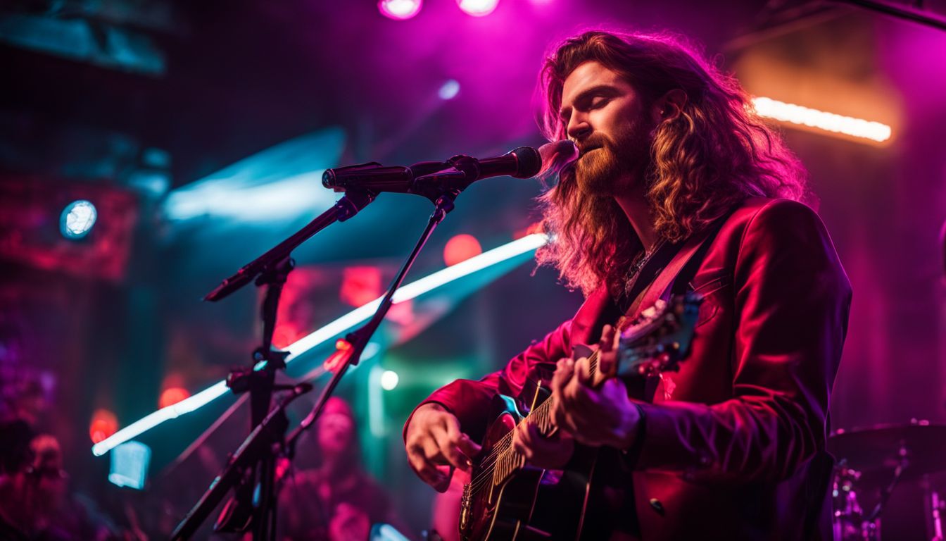 A solo musician performing under neon lights at The Lonesome Rose. A solo musician performing under neon lights at The Lonesome Rose.