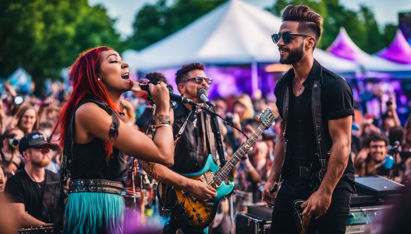 A band performing at a local outdoor music festival with vibrant energy. A band performing at a local outdoor music festival with vibrant energy.