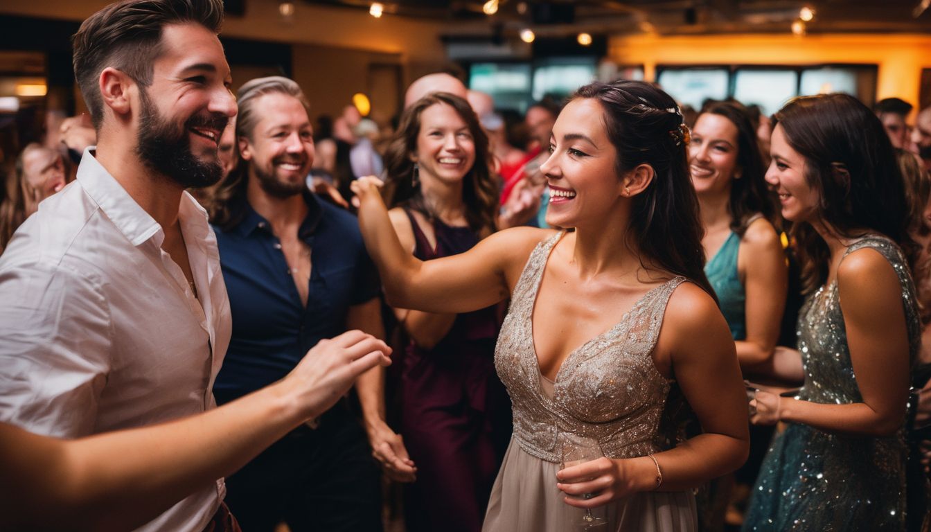 A diverse group of people enjoying music and dancing at a local event. A diverse group of people enjoying music and dancing at a local event.