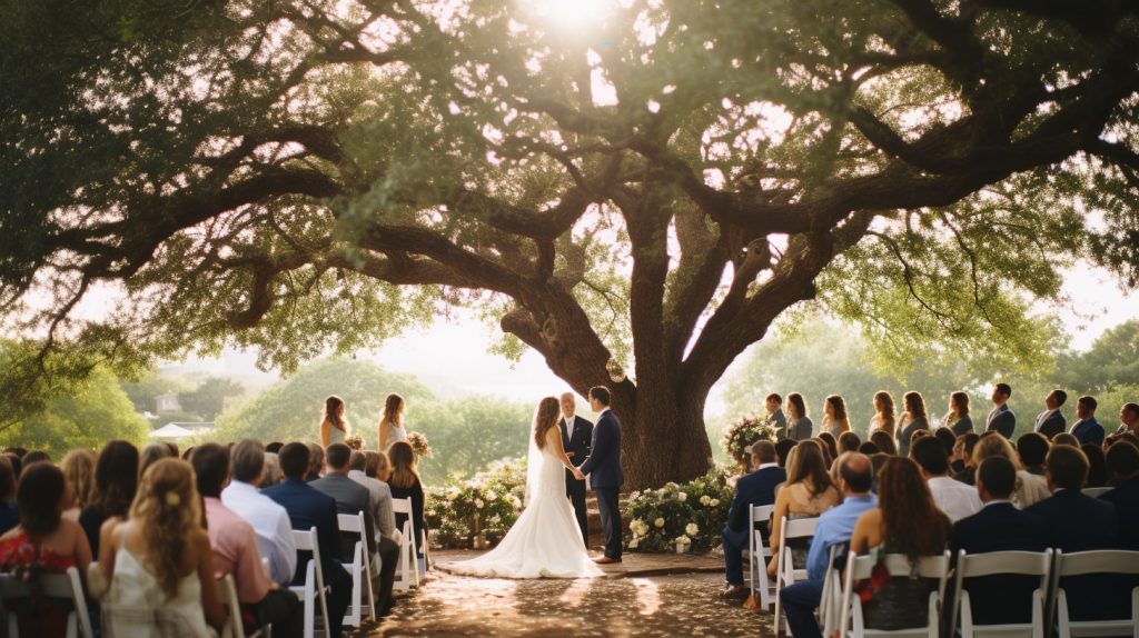 A wedding ceremony at Austin outdoor venue Bella Oaks
