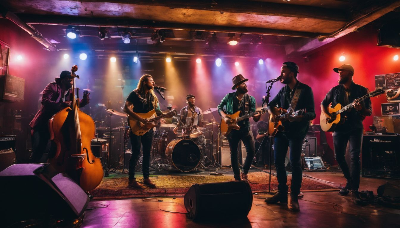 A diverse group of musicians jamming in a lively music venue. A diverse group of musicians jamming in a lively music venue.