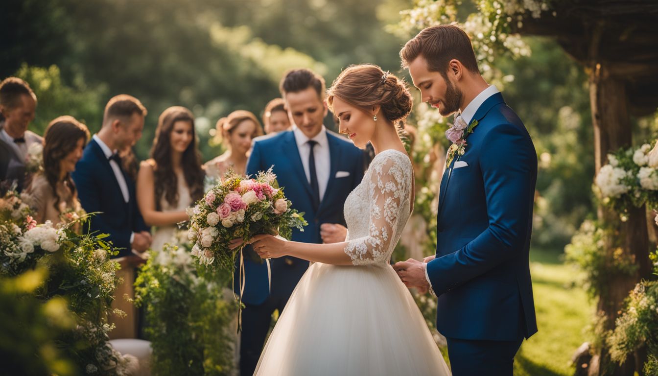 A bride and groom exchange vows in a beautiful garden. A bride and groom exchange vows in a beautiful garden.