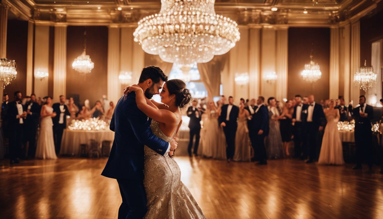 A newlywed couple dancing in a grand ballroom under chandeliers. A newlywed couple dancing in a grand ballroom under chandeliers.