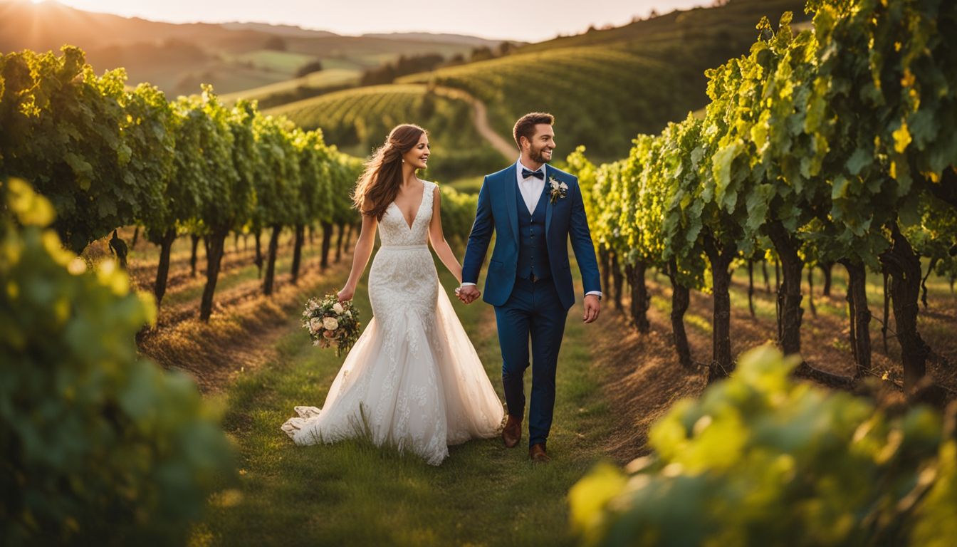 A bride and groom walking through a beautiful vineyard on their wedding day. A bride and groom walking through a beautiful vineyard on their wedding day.