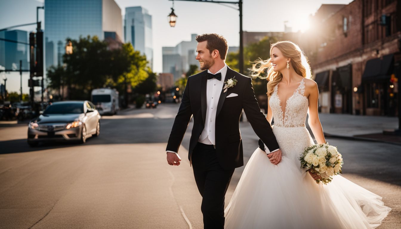 'A bride and groom strolling down a charming Dallas street.' 'A bride and groom strolling down a charming Dallas street.'