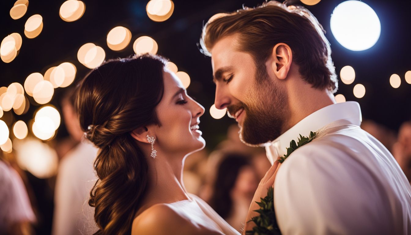 A newlywed couple dancing at an elegant outdoor wedding reception. A newlywed couple dancing at an elegant outdoor wedding reception.