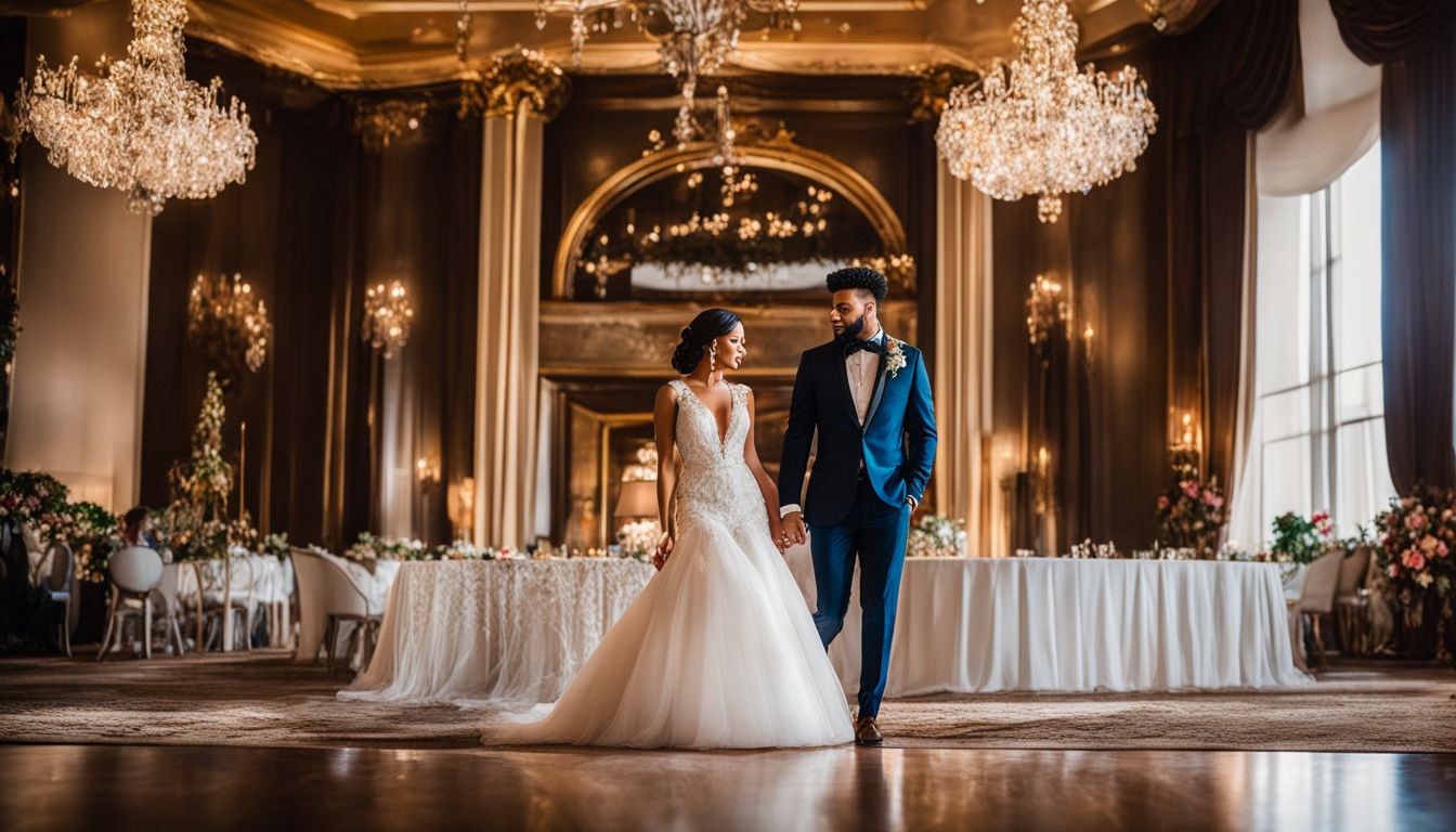 A bride and groom standing in a luxurious Dallas wedding venue. A bride and groom standing in a luxurious Dallas wedding venue.