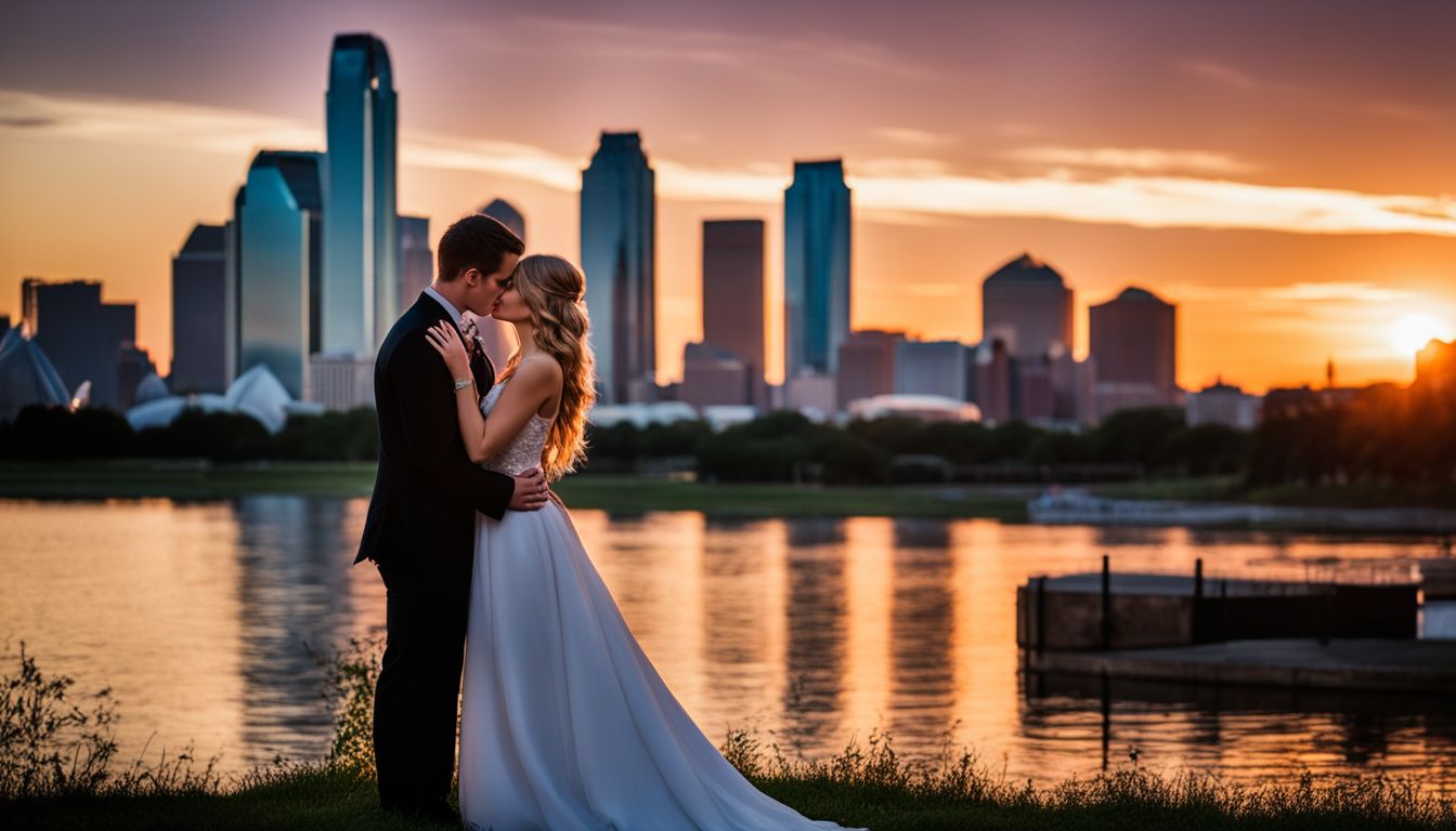 A newlywed couple sharing a tender kiss in front of the Dallas skyline. A newlywed couple sharing a tender kiss in front of the Dallas skyline.