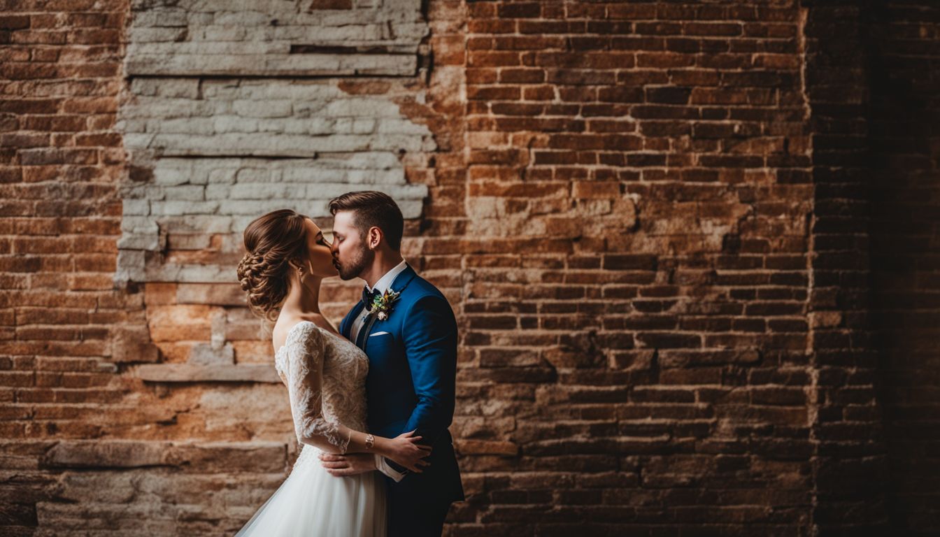 A bride and groom sharing a kiss in front of Howell & Dragon's exposed brick walls. A bride and groom sharing a kiss in front of Howell & Dragon's exposed brick walls.