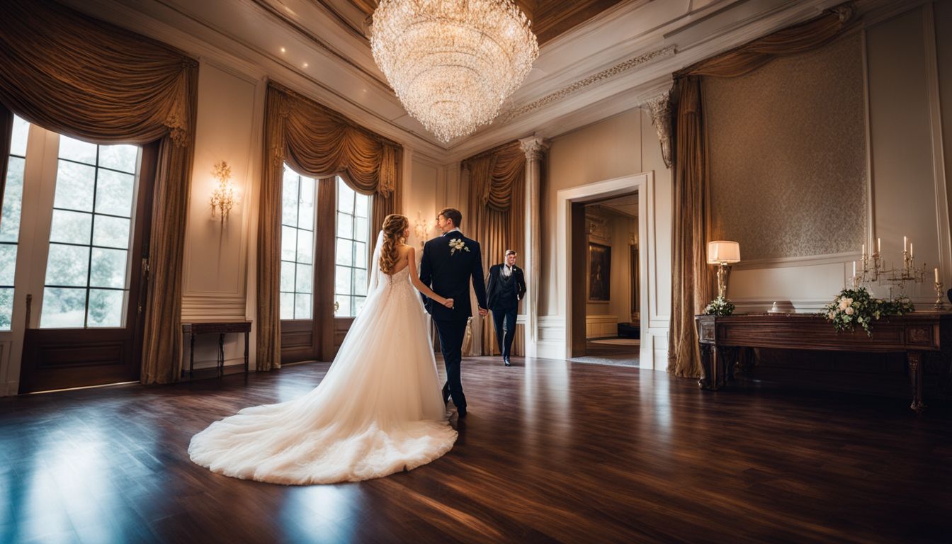 A bride and groom walking through The Milestone Mansion's grand entrance. A bride and groom walking through The Milestone Mansion's grand entrance.