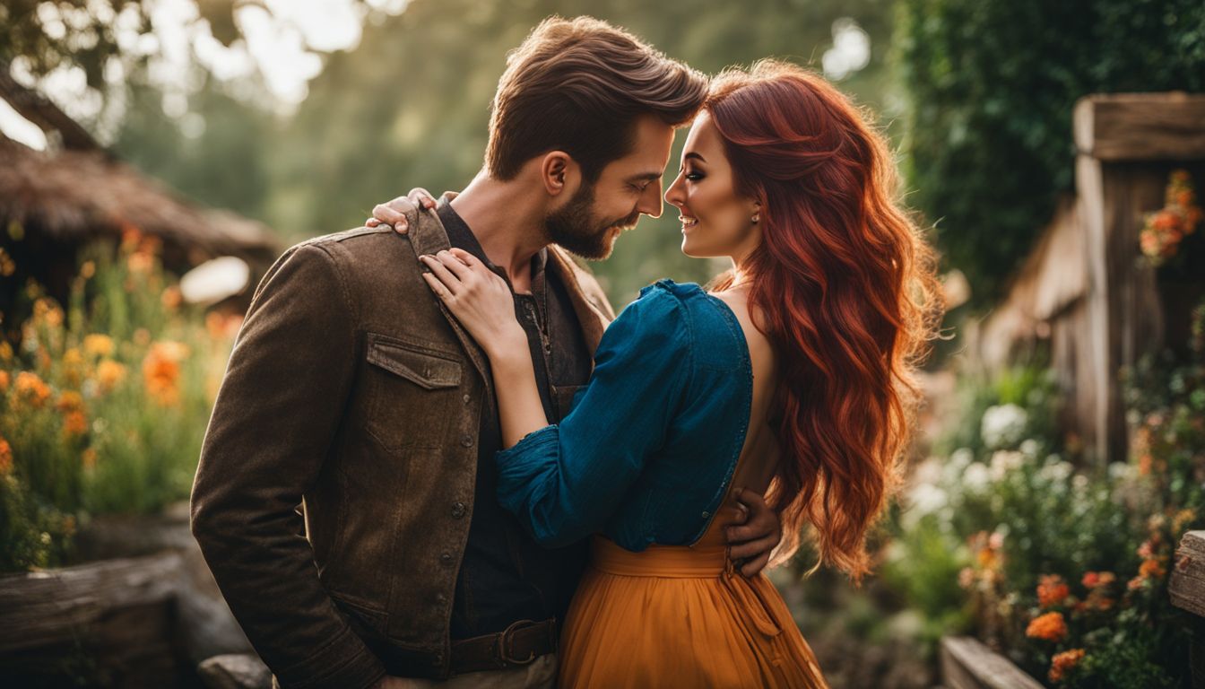 A man and woman embracing in a rustic outdoor garden. A man and woman embracing in a rustic outdoor garden.