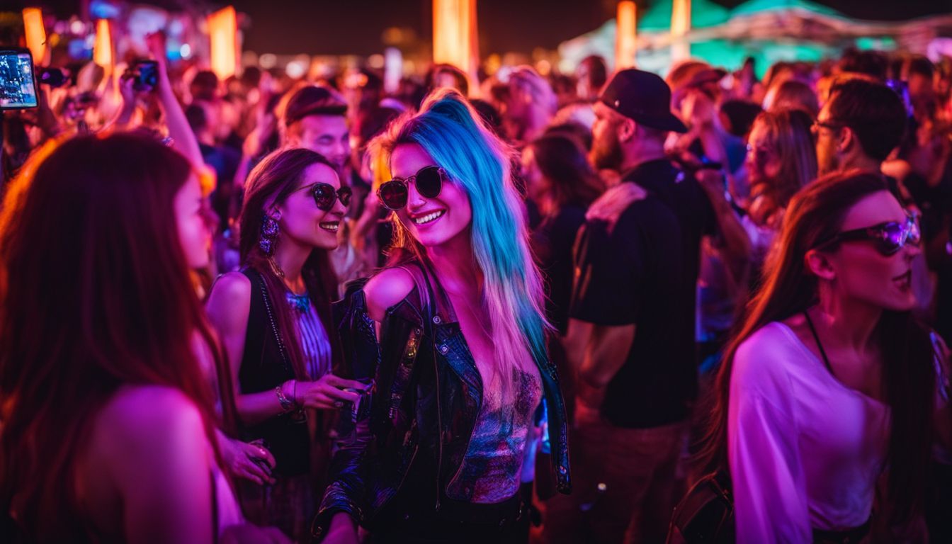 A vibrant music festival with a diverse crowd dancing under neon lights. A vibrant music festival with a diverse crowd dancing under neon lights.