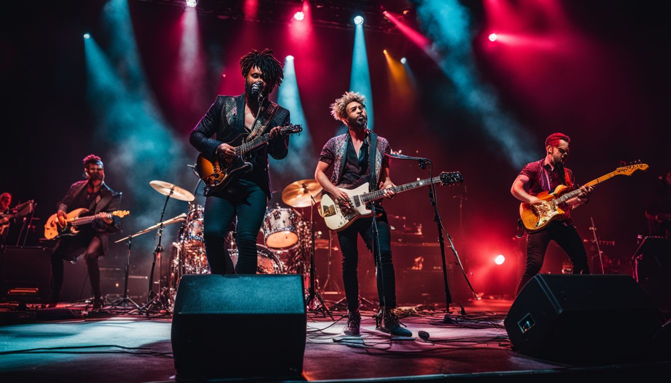 Chadwick Murray performing live on stage with the band in a packed music venue. Chadwick Murray performing live on stage with the band in a packed music venue.